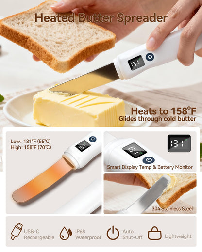 Rocoren Heating Butter Knife, 304 Stainless Steel Cold Butter Spreader,Real-time Smart Display Temp & Battery,Dual Temp Modes for Cheeses,Preserves,Other Spreads with Ease,for Kitchen,Restaurant,Party