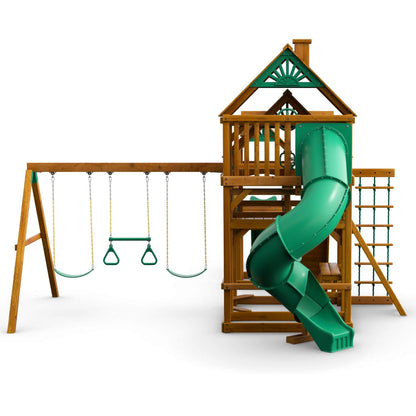 Gorilla Playsets 01-1021-AP Treasure Trove I Wood Swing Set with Wood Roof, Clatter Bridge, and Rock Wall, Amber
