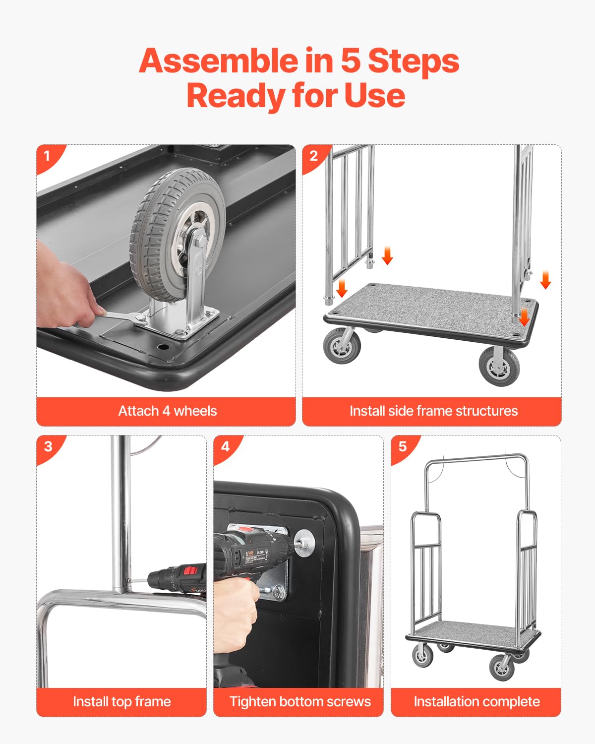 VEVOR Hotel Luggage Cart, Brushed Stainless Steel Finish Bellman's Cart, 1200 LBS Valet Cart with Grey Carpeted Deck and 8-inch Rubber Wheels, Ideal for Hotels, Condos, Resorts, Silver