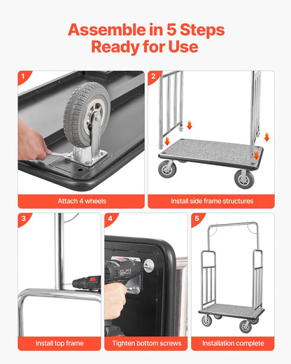 VEVOR Hotel Luggage Cart, Brushed Stainless Steel Finish Bellman's Cart, 1200 LBS Valet Cart with Grey Carpeted Deck and 8-inch Rubber Wheels, Ideal for Hotels, Condos, Resorts, Silver