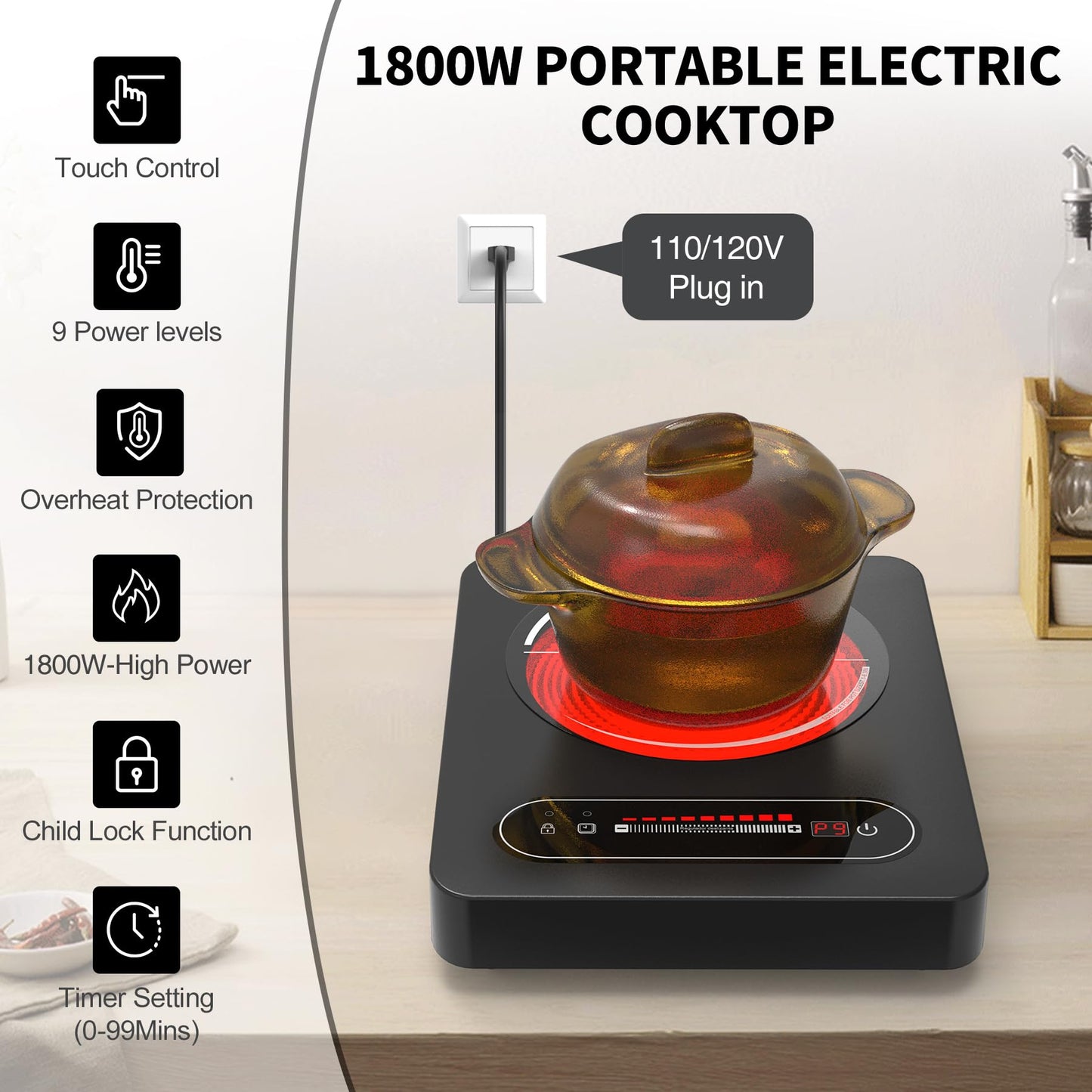 VBGK Single Burner Electric Cooktop,110V 1800W Electric Stove Top with LED Touch Control,10 Power Levels, 4 hTimer, Safety Lock,single burner cooktop Overheat protection