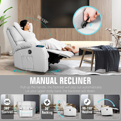 LAFWELL Rocking Recliner Chair, Massage Rocker Recliner Chair with Vibration Massage and Heat, USB and Type-C Ports,360° Swivel Faux Leather Chairs, Living Room, Bedroom, Nursery, RV, Light Grey