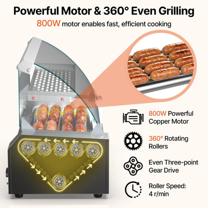 Seeutek Hot Dog Roller 5 Rollers 18 Hot Dogs Capacity 1100W Stainless Hot Dog Toaster, Hot Dog Machine W/Dual Temperature Control Glass Hood Acrylic Cover Warmer Shelf Removable Oil Drip Tray