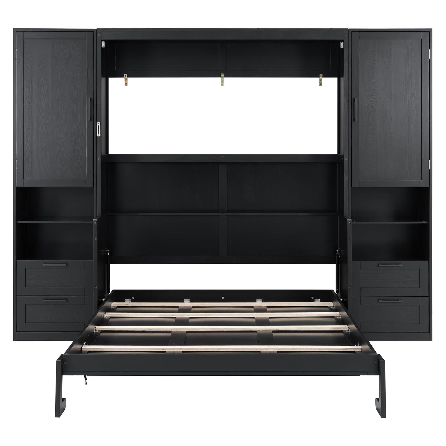 Merax Queen Size Murphy Bed with Desk, Multifunctional Foldable Wall Bed with Closet, Drawers and Shelves, Space-Saving Wood Bed Frame for Small Space Studio Study Office Guest Room, Black(Oak Veneer)