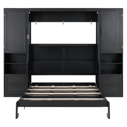 Merax Queen Size Murphy Bed with Desk, Multifunctional Foldable Wall Bed with Closet, Drawers and Shelves, Space-Saving Wood Bed Frame for Small Space Studio Study Office Guest Room, Black(Oak Veneer)