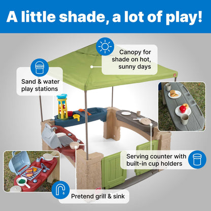 Step2 All Around Playtime Patio with Canopy Playset – Shaded Outdoor Playhouse for Kids with Realistic, Interactive Features, Room for Multiple Toddlers to Play – Dimensions: 60" H x 47.5" W x 47.5" D