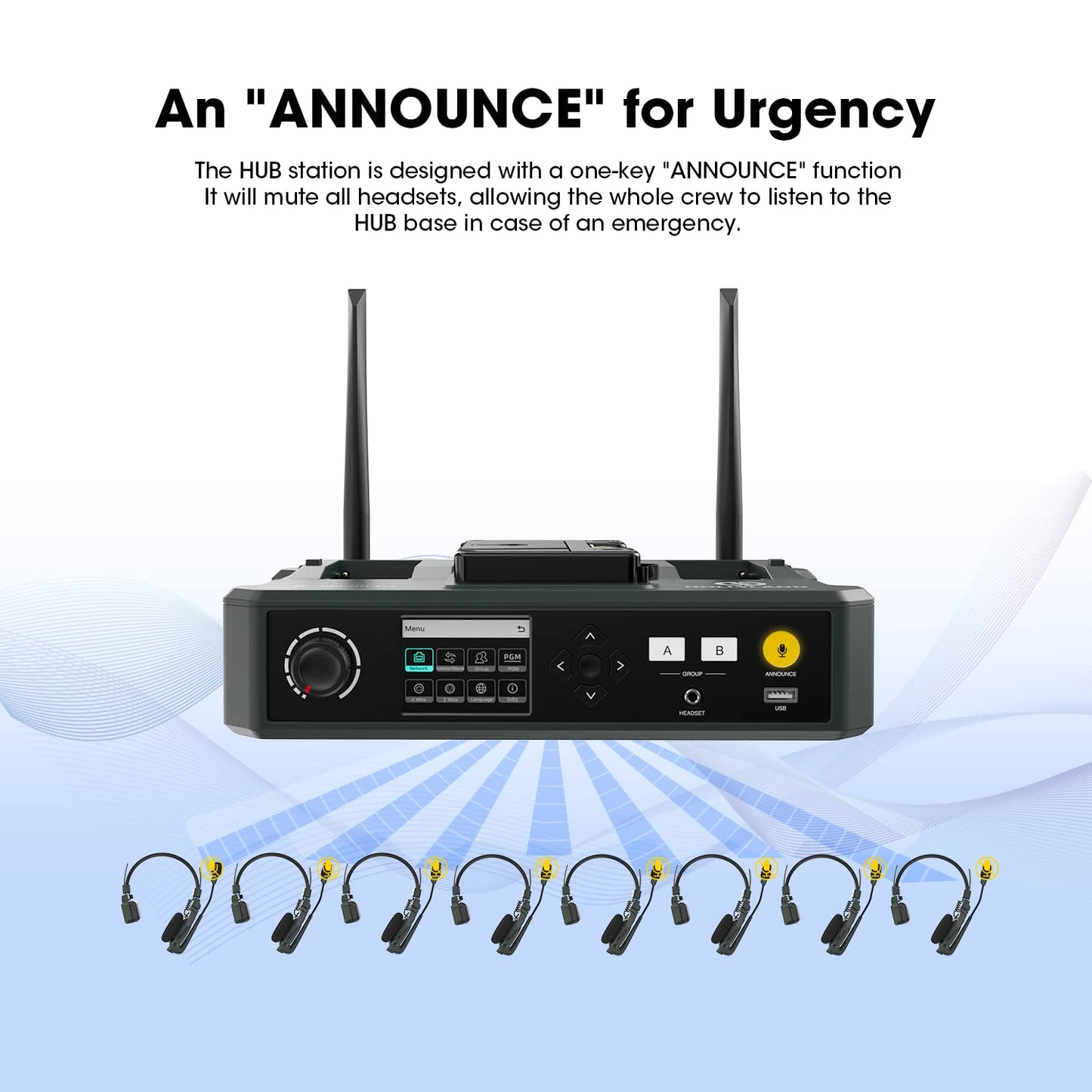 Hollyland Solidcom C1 9-Person Wireless Headset Intercom System with Base Station & 9 headsets, 1.9GHz Full-Duplex Team Communication with AB Grouping Cloud Meeting Announcement Expandable Connection