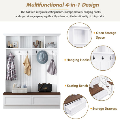 Ball & Cast Farmhouse 4-in-1 Hall Tree with Bench, Versatile Coat Rack with 2 Storage Drawers & Hanging Hoooks, Entryway Organizer Shoe Cabinet with Open Shelves for Living Room, White
