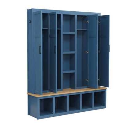 Virubi 4-in-1 62.9" Wide Hall Tree with Bench and Shoe Storage, Farmhouse Wood Entryway Bench with Coat Racks, Doors, 6 Hooks and Storage Shelves for Living Room (Blue)