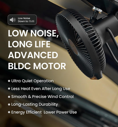 Claymore V1040 Black Rechargeable Portable Fan – 10,400mAh Power Bank Function Remote Control 4-Speed Quiet BLDC Air Circulator USB-C Charging 23 Hrs Runtime for Camping, Indoor, Outdoor