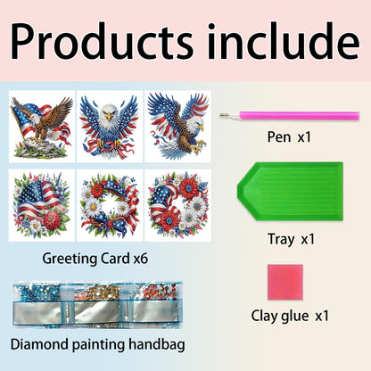 NanBaDa 6-Piece Independence Day Diamond Painting Greeting Card Set - Handmade Holidays and Greetings Craft Cards with Envelopes - Suitable for Casual and Stress Relieving Home Decoration Gifts