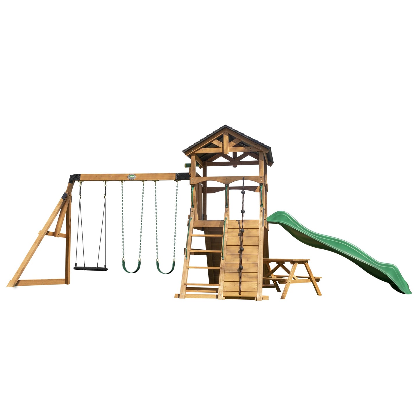 Backyard Discovery Endeavor II Cedar Wood Swing Set with Wave Slide, Play Deck, Double Rock Wall, Picnic Table, Climbing Wall, Belt Swings, Web Swing, Toy Telescope, Step Ladder, Outdoor Playset