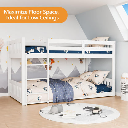 JOYMOR Solid Wood Low Twin Over Twin Bunk Bed for Kids/Junior, Bunk Bed Frame with Guardrails & Ladder for Boys Girls, No Box Spring Needed (White)