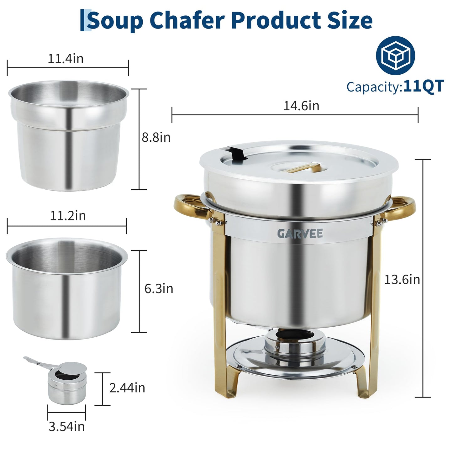GarveeHome 11QT Round Soup Chafer Sets of 4, Commercial Soup Warmer with Pot, Notched Lids & Fuel Holders, Stainless Steel Food Warmer for Buffets Parties Wedding Banquets Catering, Gold