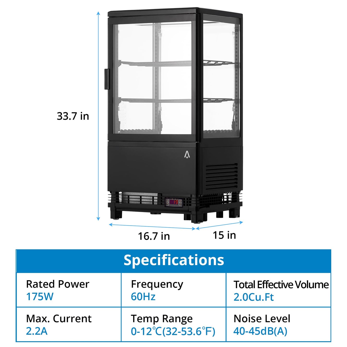 2.1 Cu.Ft. Commercial Bakery Display Refrigerator, Countertop Refrigerated Case, Display Fridge, Single Door, Merchandiser Beverage Cooler, 3 Layers, LED, Adjustable Shelves, Restaurants, Bars, Shops