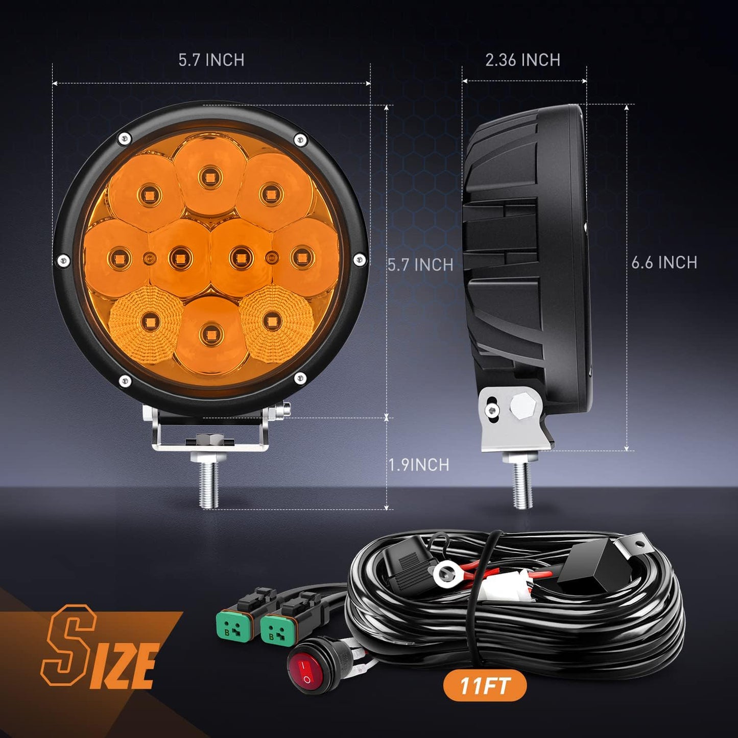 Nilight 5.7 Inch Amber LED Driving Light Round 50W Yellow Fog Spot Flood Combo Lights w/ 16AWG DT Connector Wiring Harness IP68 for Offroad ATV UTV Truck Tractor