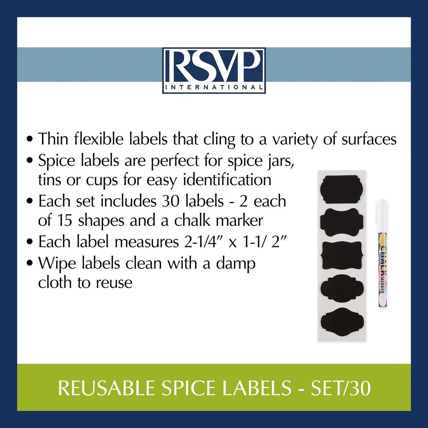 RSVP International Reusable Pantry/Spice Labels, Assorted Shapes, 30-Piece, Black