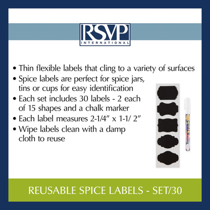 RSVP International Reusable Pantry/Spice Labels, Assorted Shapes, 30-Piece, Black