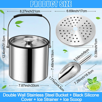 meekoo 4 L Double Wall Insulated Ice Bucket with Lid, Scoop, Strainer, Handle Large Stainless Steel Wine Ice Bucket Upgraded Cover Keep Frozen Longer for Cocktail Bar Parties(Silver)
