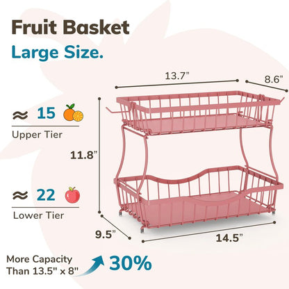 Zurklulu Pink 2 Tier Large Fruit Basket for Kitchen Counter with 2 Banana Hangers, Metal Fruit Bowl for Onion Vegetable Bread Snack, Countertop Organizer – 14.5" W x 9.5" D