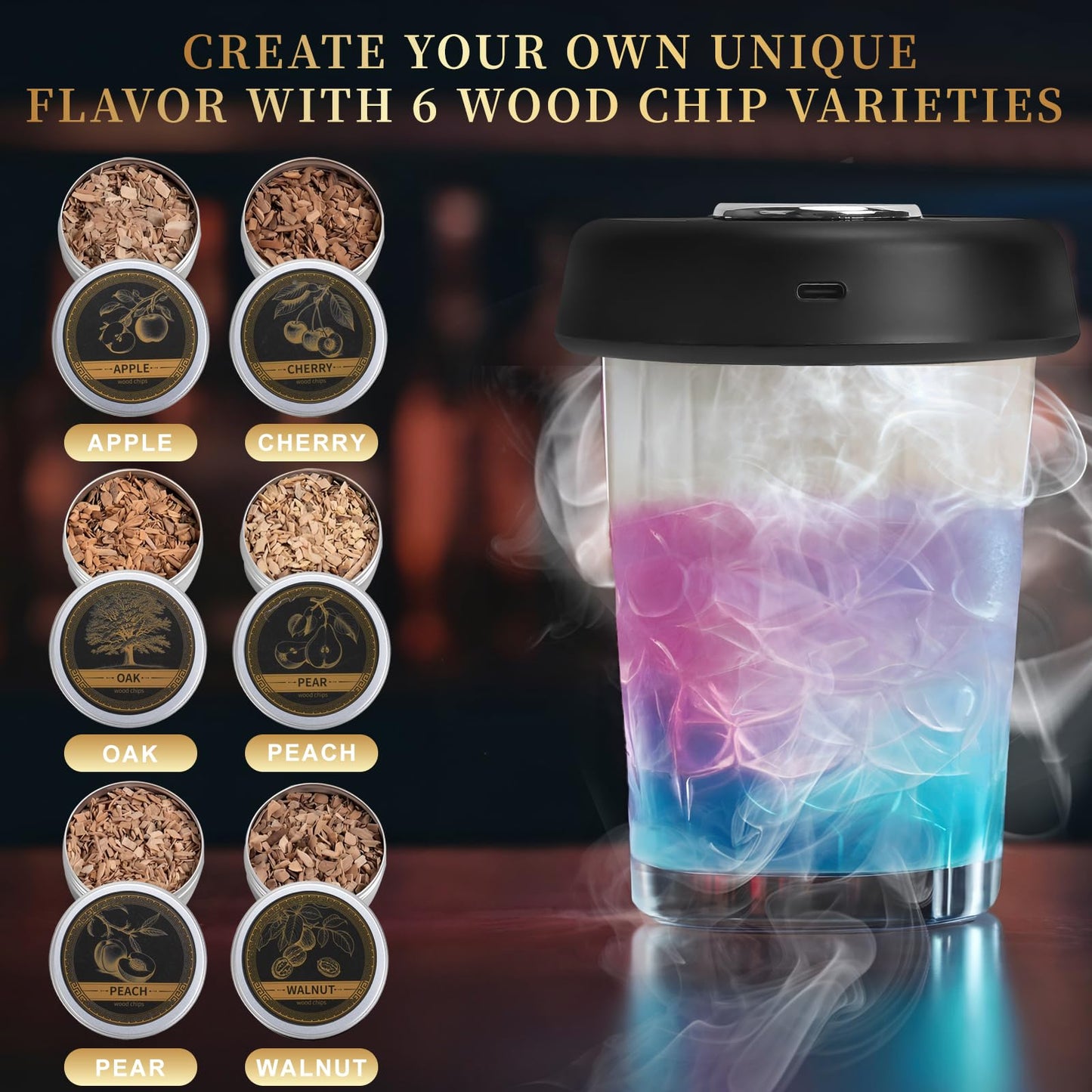 Audoyon Electric Whiskey Smoker Kit with 7-Color Lights, 6 Flavors Wood Chips Cocktail Shaker with Sphere Ice Mold & Stainless Steel Ice Cubes, Old Fashioned Smoker for Father's Day, Gifts for Him