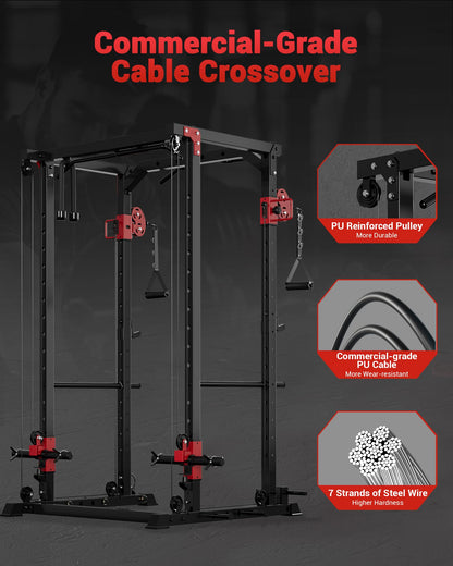 Garvee Power Cage, Multi-Functional Power Racks for Home Gym with Dual Pulley Systems, 1200 LBS Weight Capacity Fitness Squat Rack for Strength Workout with More Training Attachment, Red