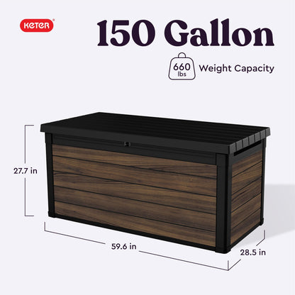 Keter Signature Collection 150 Gallon Resin Deck Box Organization and Storage for Patio Outdoor Cushions, Throw Pillows, Garden Tools and Pool Supplies, Rosewood