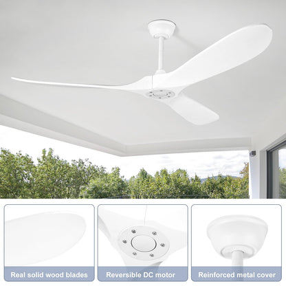YOZZAN Solid Wood Ceiling Fans no Light,60'' White Ceiling Fan with Remote Control,DC Motor with Large Airflow,Indoor and Outdoor Ceiling Fan for Living Room,Bedroom,Patios