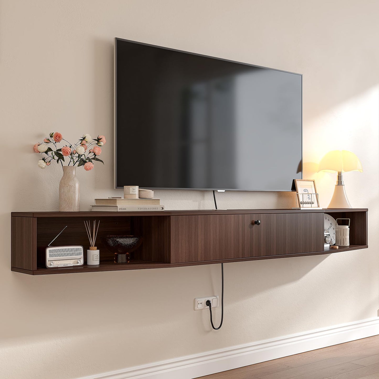 FloatiCasa 78inch Floating TV Stand, Plywood Wall Mounted Media Console with 1 Flip Down Door & 5 Open Shelves, Modern Floating Entertainment Center with Wire Management for Living Room, Walnut