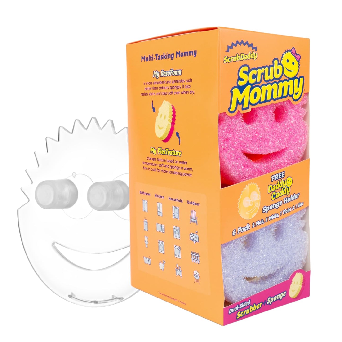 Scrub Mommy Kitchen Sponges (6) + Daddy Caddy Sponge Holder - Scratch-Free Cleaning Sponges for Dishes & Dish Scrub for Multipurpose Cleaning - BPA Free Polymer Foam - Stain & Odor Resistant (7 Count)