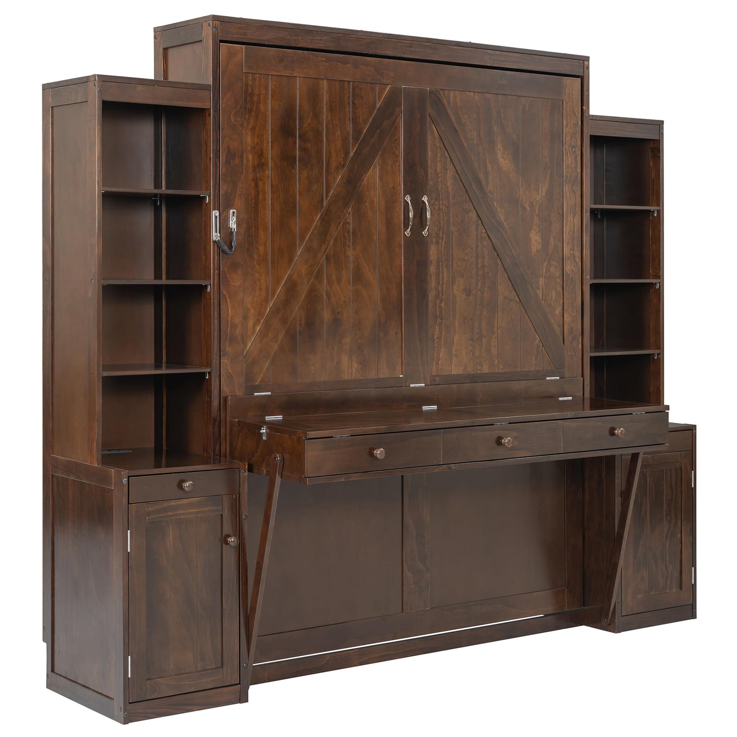 Merax Queen Size Murphy Bed with Desk and LED Lights, Power Outlet, Foldable Murphy Cabinet Bed with Open Storage Shelves & Drawers, Wood Space-Saving Hidden Wall Bed for Guest Room, Dark-Brown