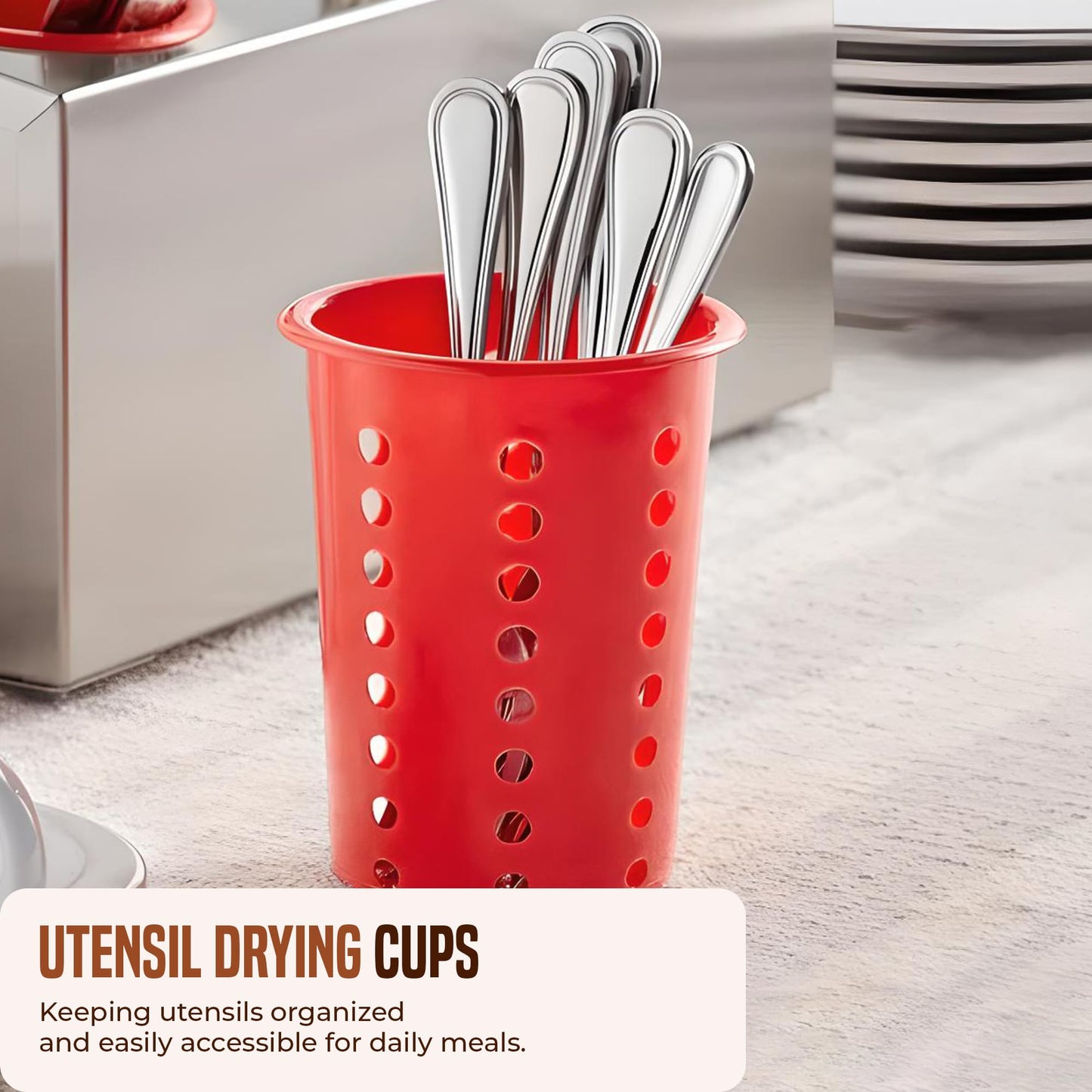 OCS Parts Perforated Utensil Drying Cups | Red | Set of 3 | Plastic Flatware Holder Cylinders for Kitchen Counter Organization