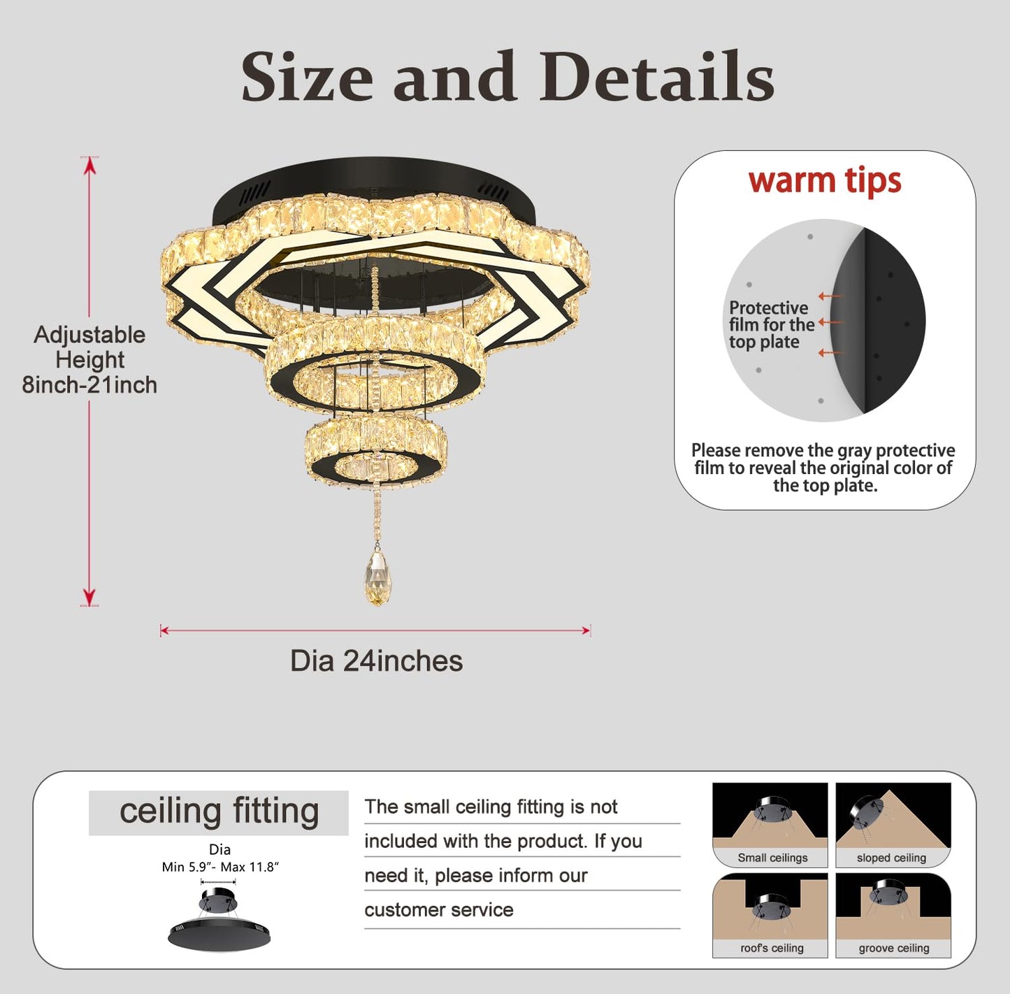 Flashing God Modern Crystal Chandeliers Dia 24" Black Chandelier Flush Mount Ceiling Light for Bedroom Living Room Dining Room Hallway Dimmable 3 Rings LED Celing Lighting Fixtures