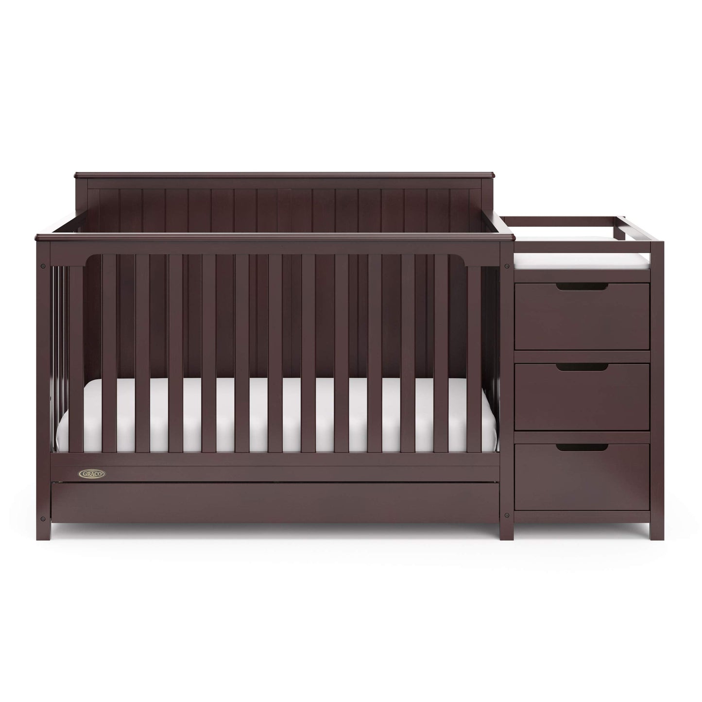 Graco Hadley 5-in-1 Convertible Crib & Changer – GREENGUARD Gold Certified, Fits Standard Crib Mattress, Converts to Toddler Bed and Full Bed, 4 Adjustable Mattress Heights (Espresso)