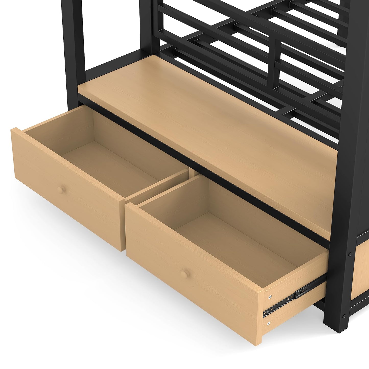 Bellemave Bunk Bed Twin XL Over Twin XL,Metal Bunk Bed with Shelf and Guardrails,Queen Bunk beds with Storage Drawers and Clothes Hooks for Kids, Teens & Adults（Black）