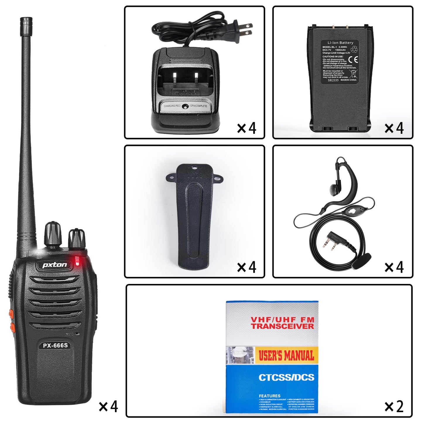 pxton 666S walkie talkies Long Range Rechargeable for Adults with Headphones and Li-ion Battery,2 Way radios has VOX/Noise Reduction/TOT/Flashlight/Monitoring/Scan Function（4 Pack）