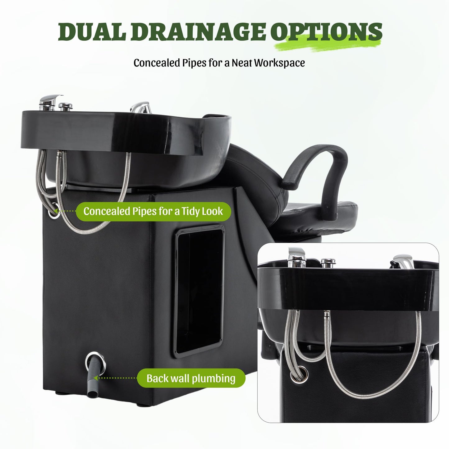 KEIKI Shampoo Bowl and Chair Set for Salon, Hair Washing Station with ABS Sink & PU Leather Chair, Ergonomic Chair with Neck Rest, Side Storage, Hot/Cold Faucet & Sprayer for Spa, Black