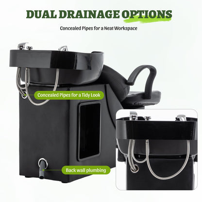 KEIKI Shampoo Bowl and Chair Set for Salon, Hair Washing Station with ABS Sink & PU Leather Chair, Ergonomic Chair with Neck Rest, Side Storage, Hot/Cold Faucet & Sprayer for Spa, Black