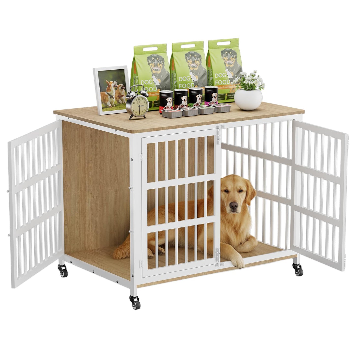 42" Furniture Style Large Dog Crate with Wheels, Metal Chew-Resistant Dog Kennel Indoor for Large & Medium Dogs, 41.9" W x 28.3" D x 31.7" H, Decorate House as TV Stand, End Table — Natural and White