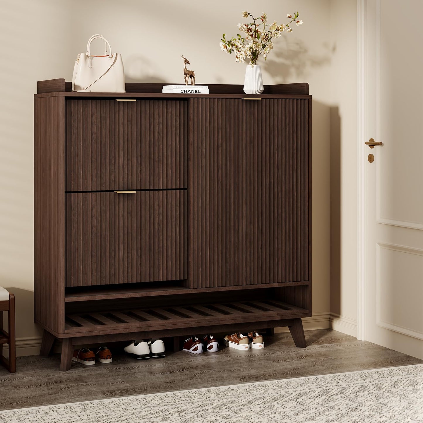GarveeHome Narrow Fluted Shoe Cabinet Storage for Entryway, Wood Large Freestanding Shoe Organizer Cabinet with Sliding Door, 2 Flip Drawers, Adjustable Shelves Rack & Bottom Open Shelf