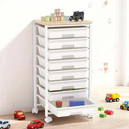 Rolling Cart with 8 Drawers, Storage Drawers Cart with Wooden Tabletop and Lockable Wheels, Craft Storage for Living Room, Office, Classroom, Craft Room, Bedroom