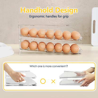 SMRCAD Egg Holder for Fridge, Automatic Steady Rolling Egg Container with Soft Bumpers & Handle for Refrigerator, Stackable Fridge Organizers and Storage with Lid