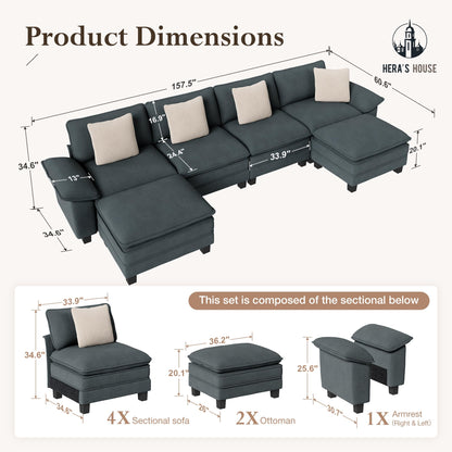 HERA'S HOUSE 158" Modular Sectional Sofa, Oversized U Shaped Couches for Living Room, Comfy Cloud Couch with Ottoman, 6-Seater Deep Seat Sofa with Throw Pillow, Chenille Blue