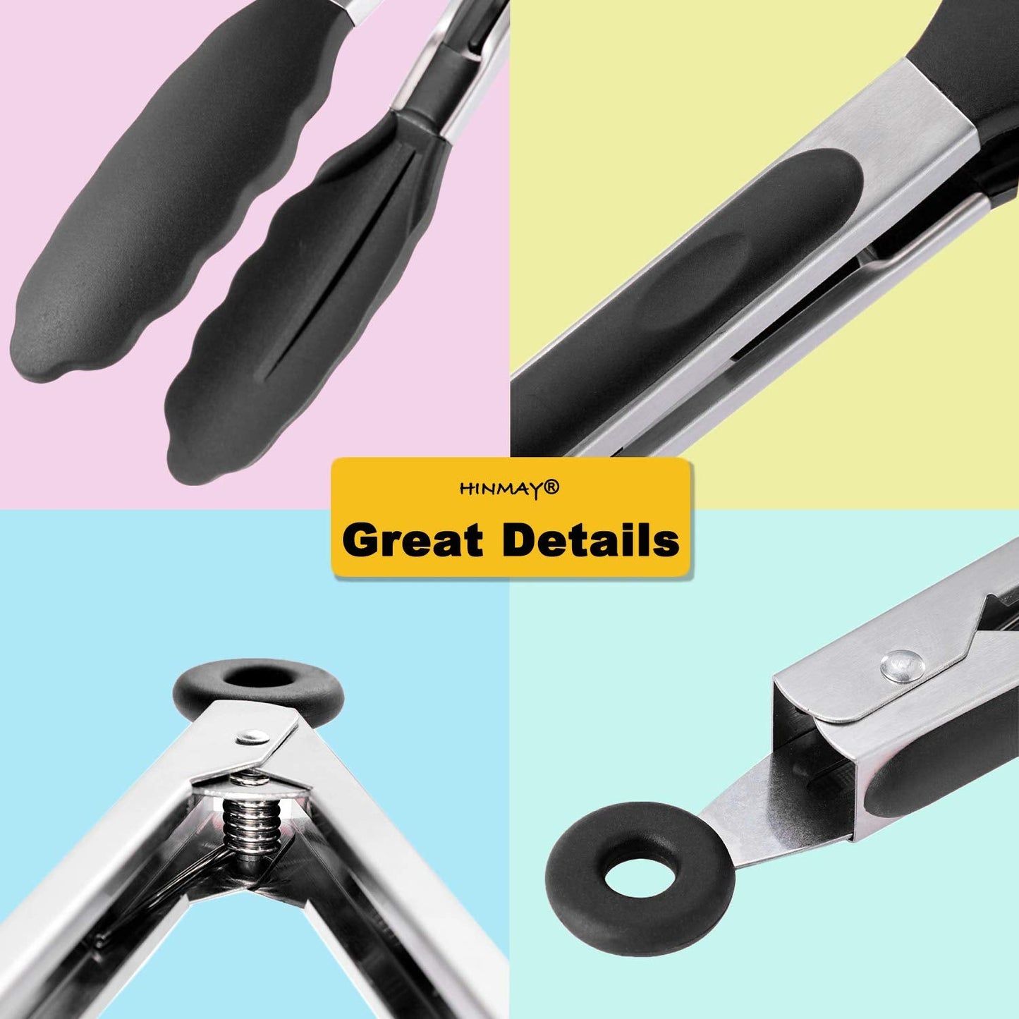 HINMAY Serving Tongs 9-Inch Cooking Tongs with Silicone Tips, Set of 3 (Black)