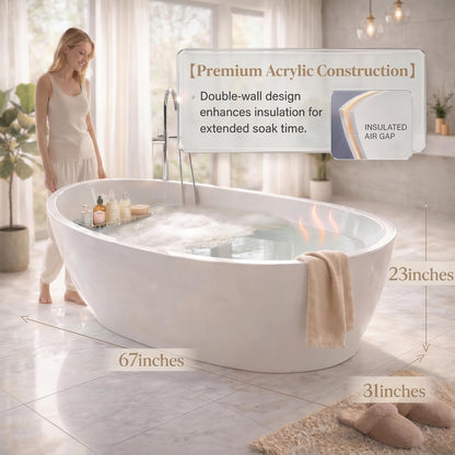 GarveeTech 67"Freestanding Bathtub, Acrylic Deep Soaking Tub, Non-Slip Acrylic Tub with Chrome Overflow and Drain, CUPC Certified, Ergonomic Modern Bath for Bathrooms, Easy-Install