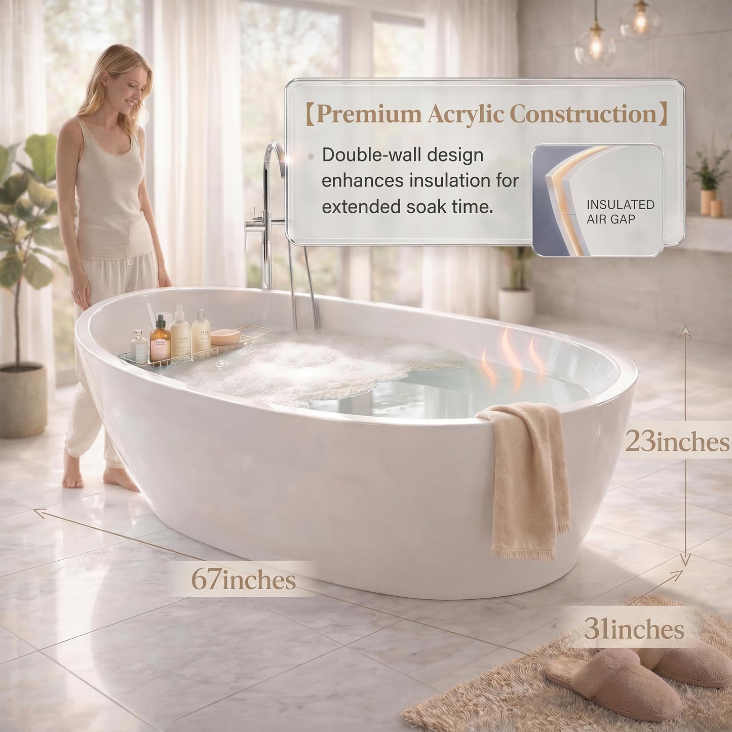 Freestanding Bathtub, Acrylic, Deep Soaking, Modern Upright Bathtub with Matte Drain and Black Overflow, Durable Double Wall, Freestanding for Bathroom, 67'', White