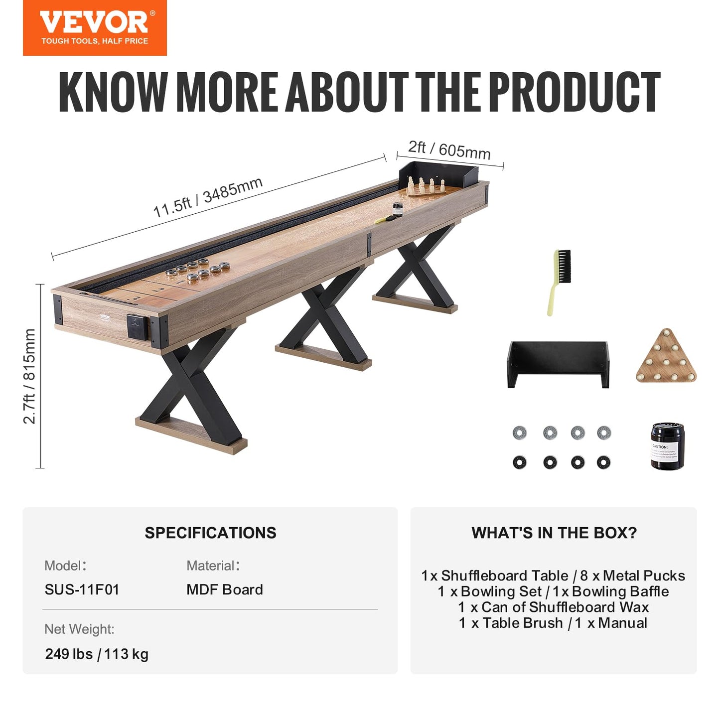 VEVOR Shuffleboard Table, 11.5 ft Shuffleboard for Family Game Rooms, 2 in 1 Shuffleboard and Bowling Combo Game Set, with Scratch-Resistant Playfield, Legs, 8 Pucks, Bowling Set, Wax, and Table Brush