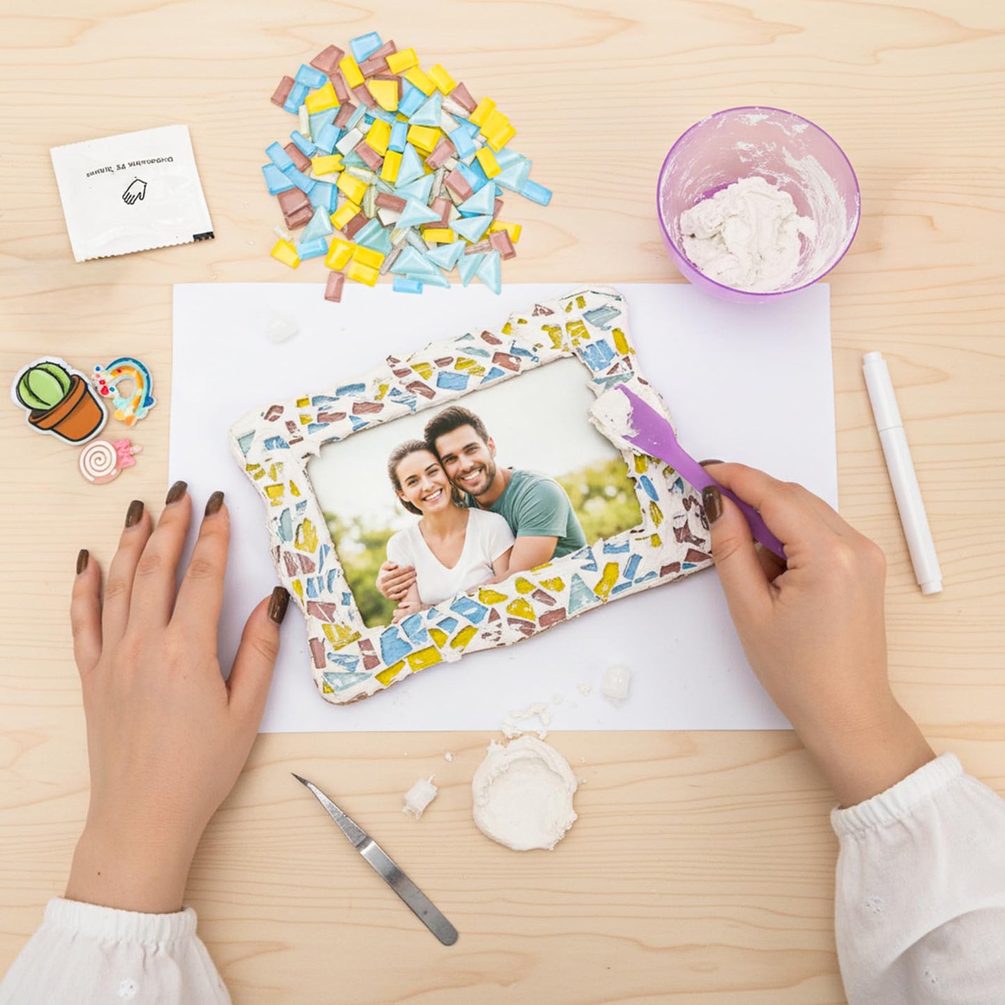 Coloch 2 Pack Decorate Your Own Mosaic Picture Frame Craft Kit, Wooden DIY Picture Frame Kits for Adults Mosaics Making Supplies for Gift, Decoration, Birthday, Anniversary