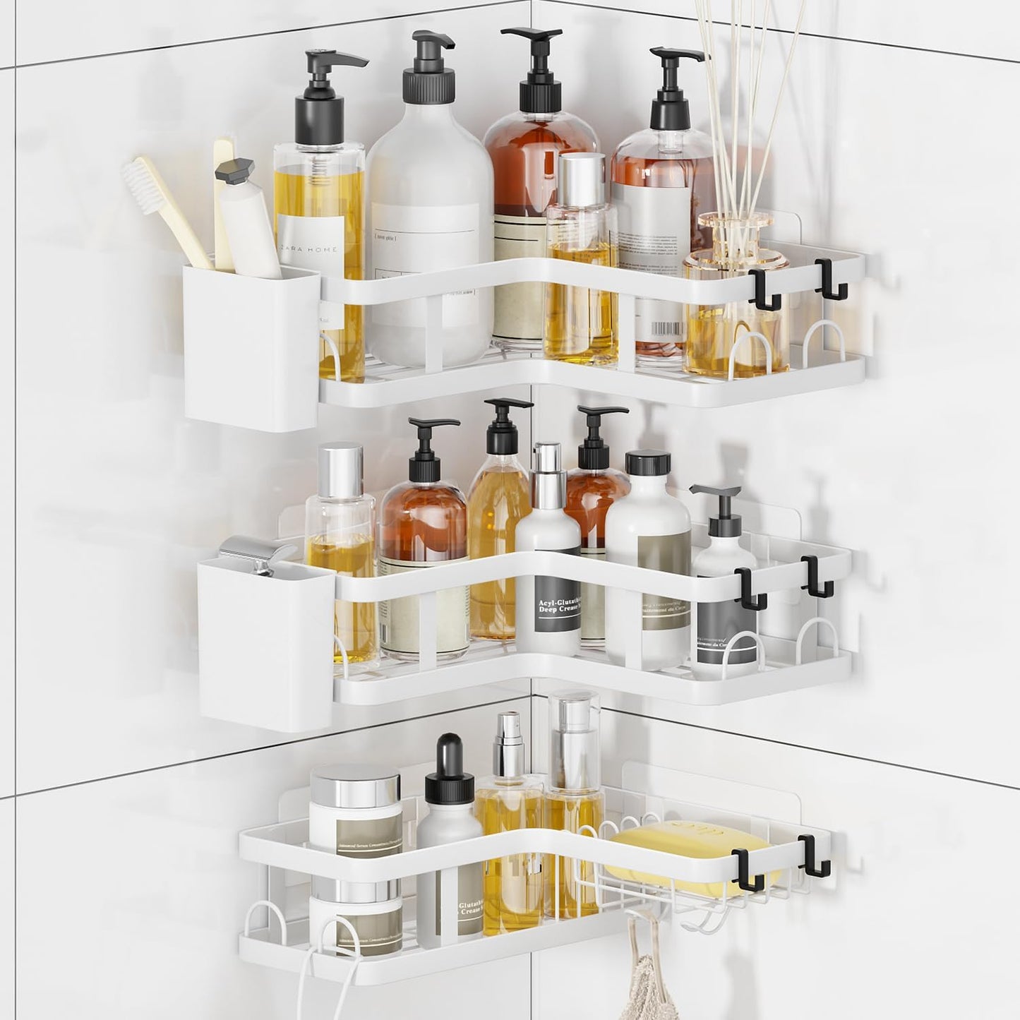 3 Pack Corner Shower Caddy Organizer, Rustproof Corner Shower Shelves, No Drilling Bathroom Corner Shelf with Hooks