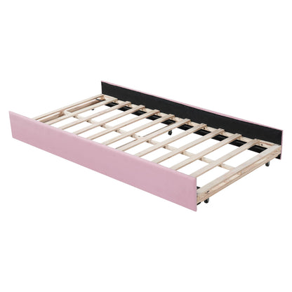Christopher Knight Home Leonhart Velvet Upholstered Twin Size Bed Frames with Headboard/Footboard, Day Bed Frame Twin with Pull-Out Functionality, Iron Frame + Wooden Slat Trundle Bed Twin, Pink